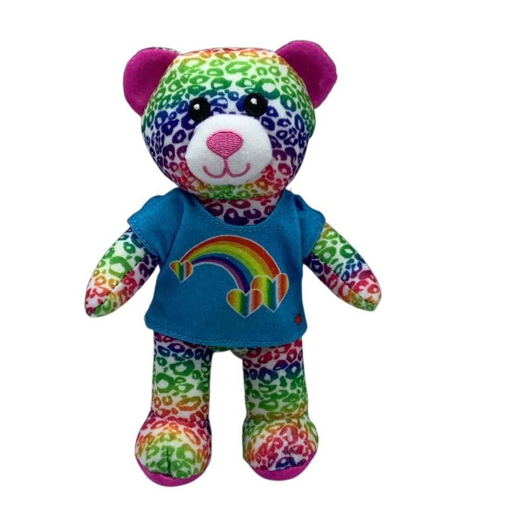 Build-A-Bear Bear Plush Rainbow Leopard Blue Shirt Rainbow Hearts Mini 7.5”